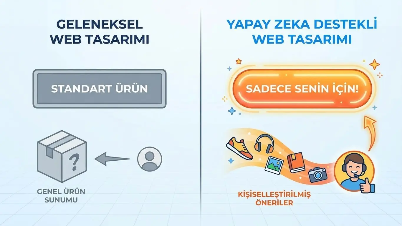 Geleneksel web tasarımı ile yapay zeka destekli kişiselleştirilmiş web tasarımının karşılaştırma infografiği