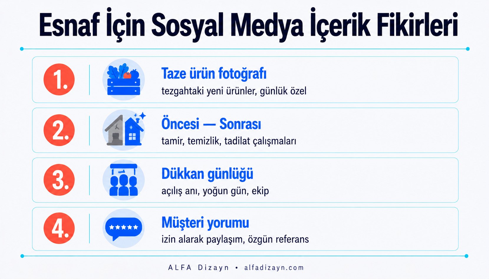 Esnaf için sosyal medya içerik fikirleri: ürün fotoğrafı, öncesi-sonrası, günlük dükkan paylaşımı, müşteri yorumu
