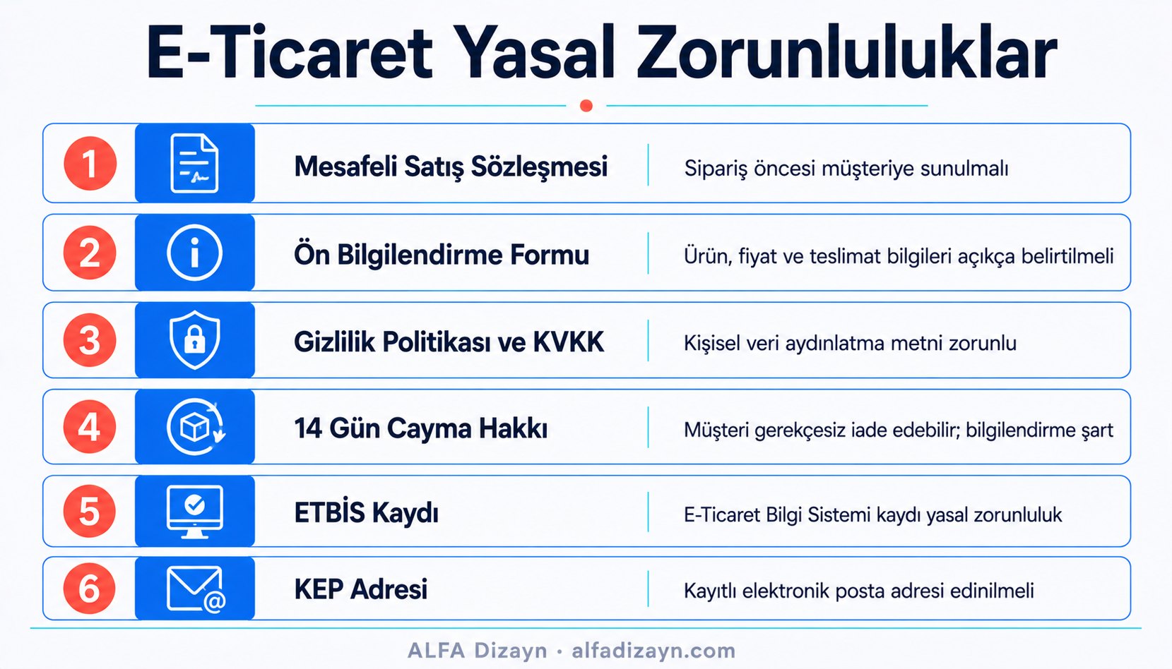 E-ticaret yasal gerekliliklerini listeleyen infografik: mesafeli satış sözleşmesi, KVKK, ETBİS kaydı, KEP adresi ve cayma hakkı