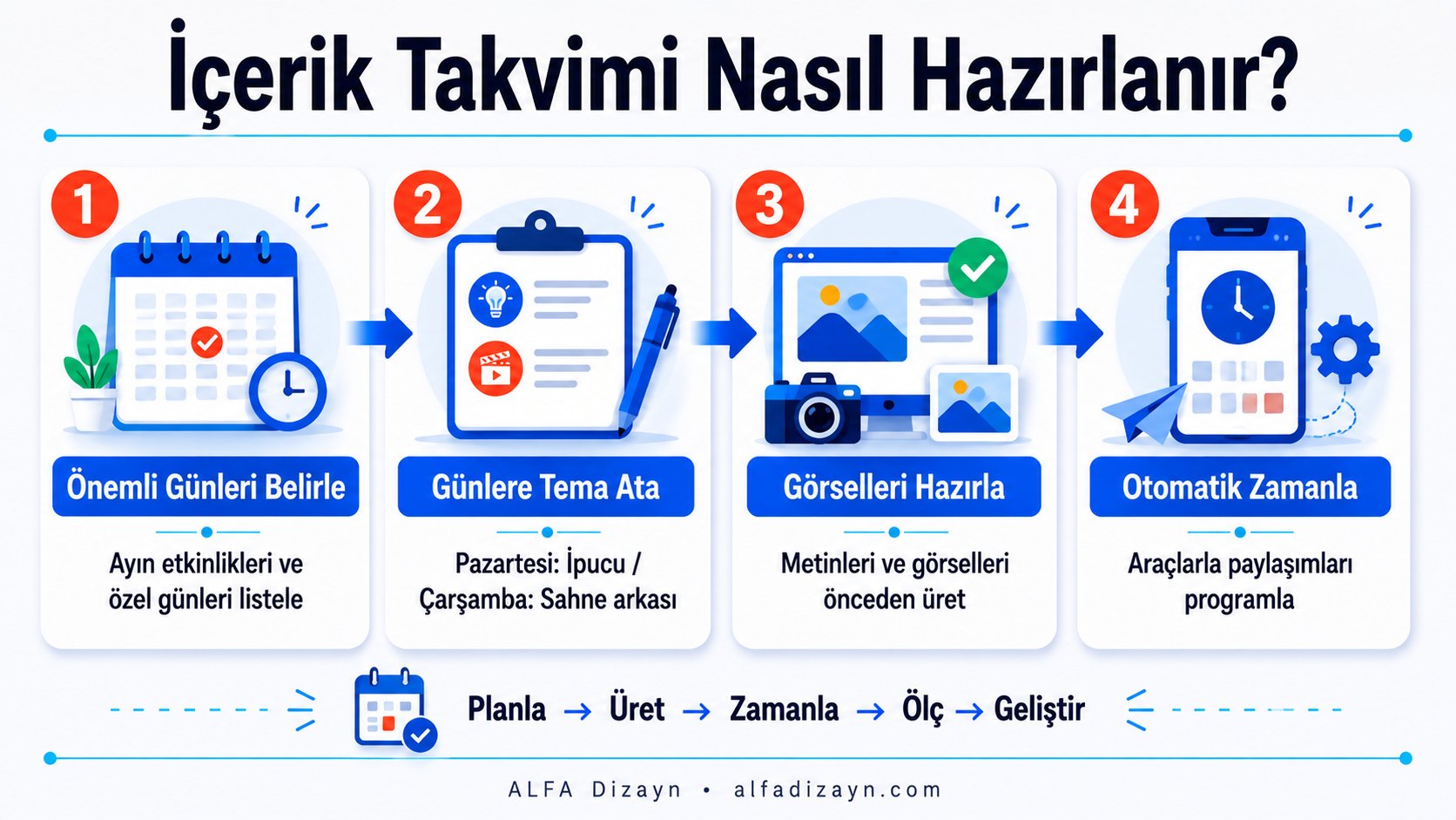 İçerik takvimi oluşturma adımları: önemli günler, tema atama, görsel hazırlama ve otomatik zamanlama