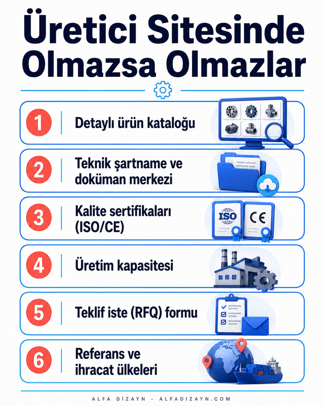 Üretici web sitesinde olmazsa olmaz bölümler: ürün kataloğu, teknik şartname, sertifika, RFQ formu, kapasite