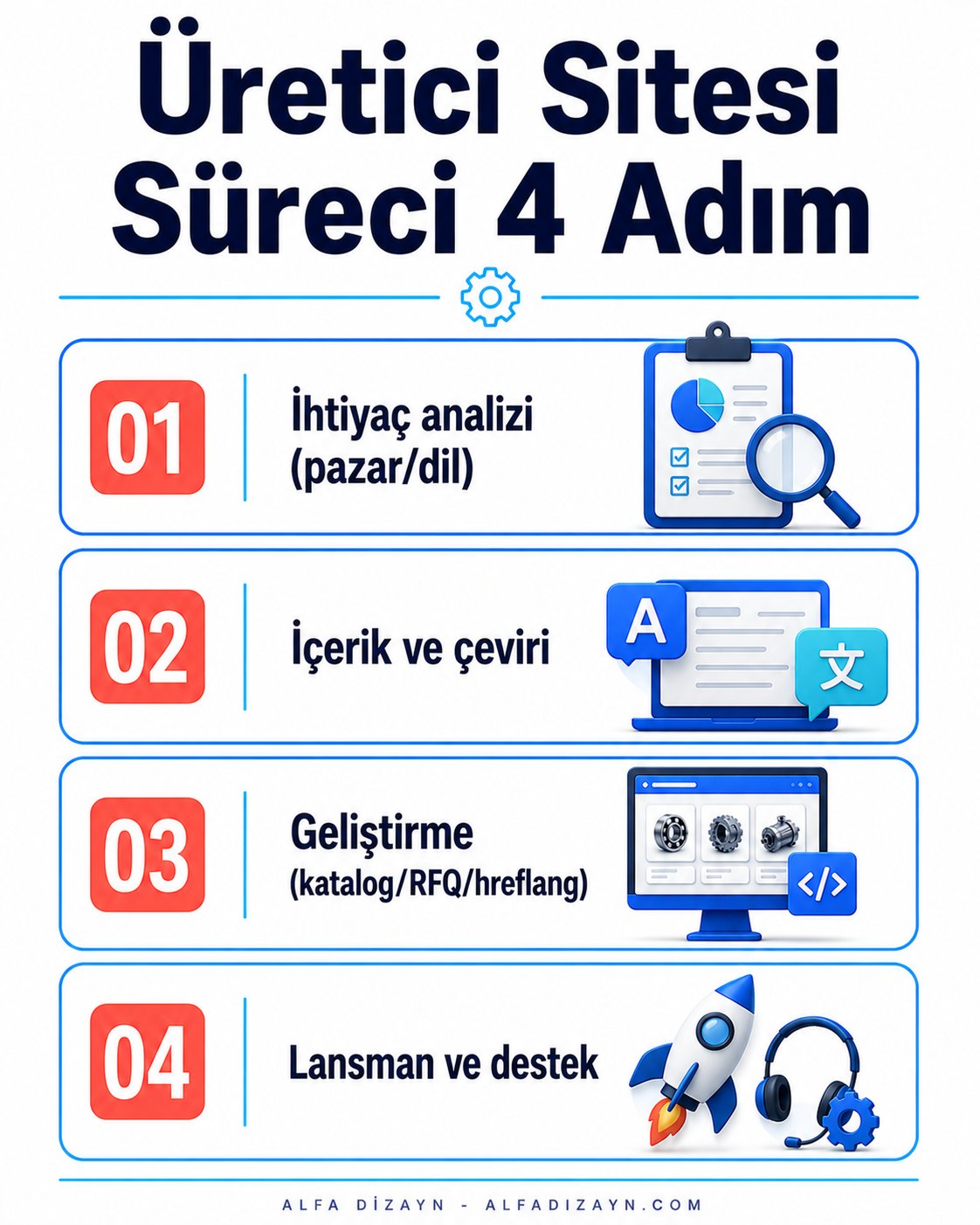 Üretici web sitesi süreci: analiz, içerik ve çeviri, geliştirme, lansman